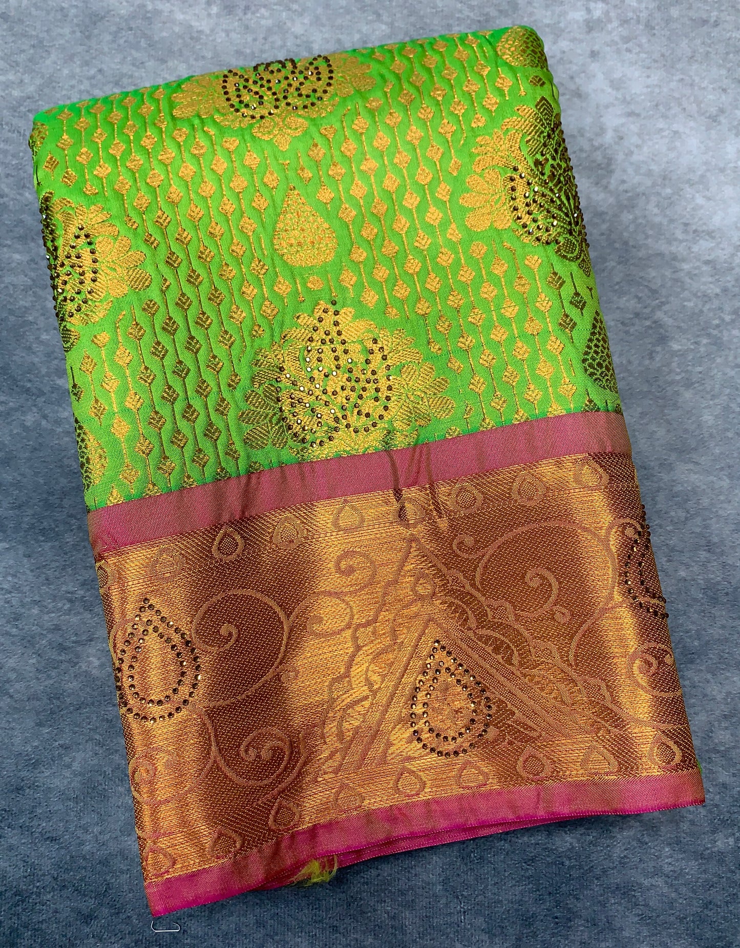 Vegan Silk Saree Light Green Colour with Copper and Pink Border