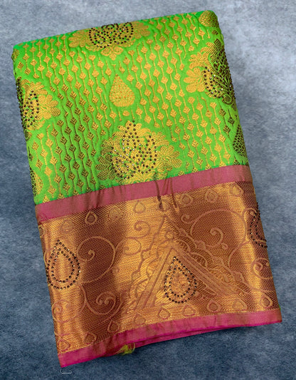 Vegan Silk Saree Light Green Colour with Copper and Pink Border