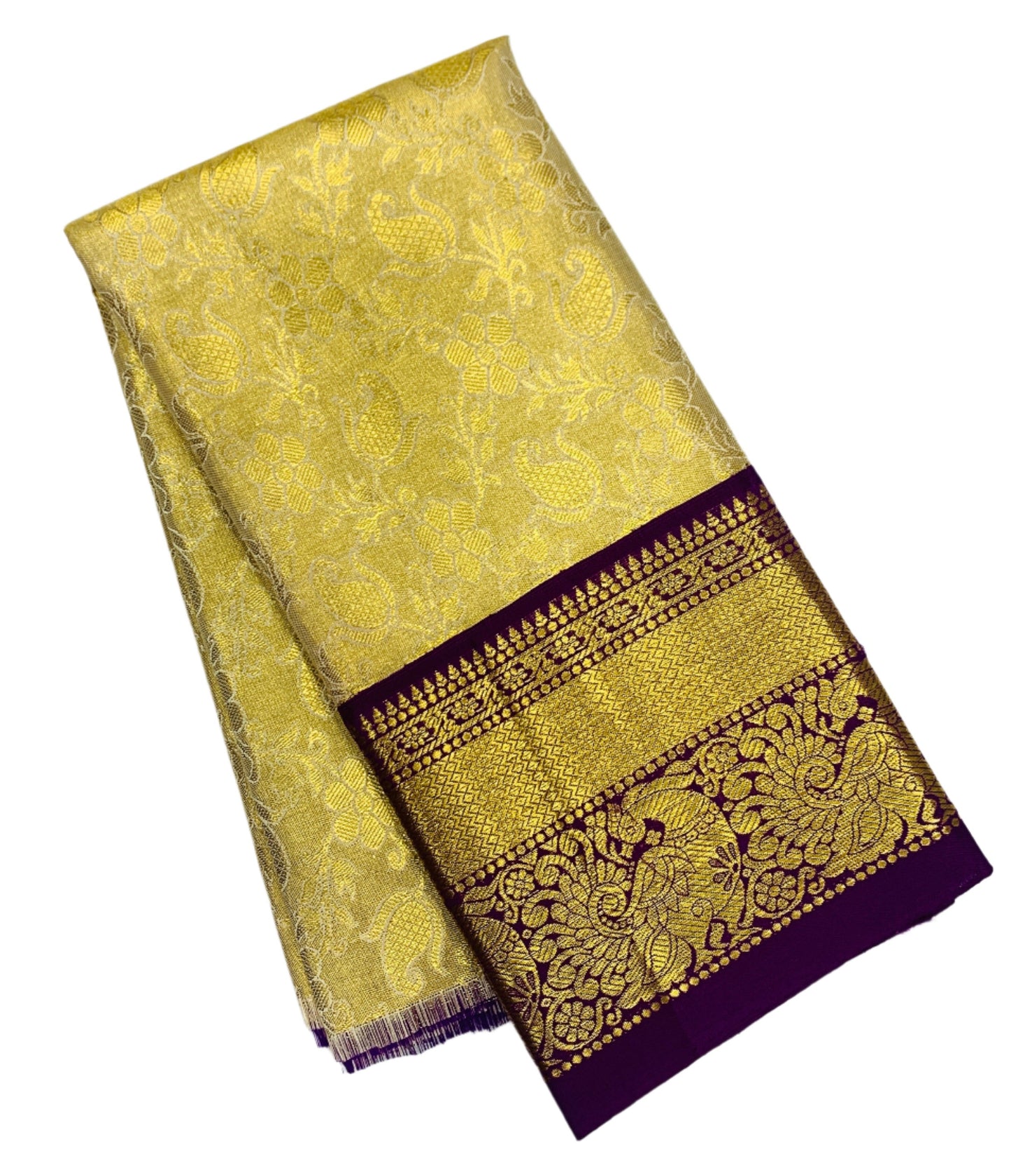 Golden shade Pure kanchipuram Kids Pattu Pavadai with contrast border for newborn to 2 Years