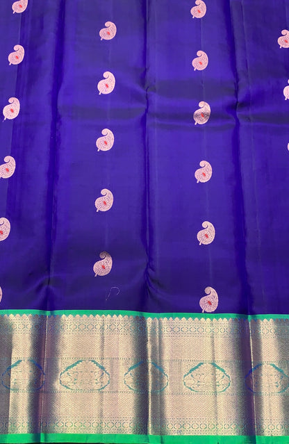 Pure Kanchipuram Silk Saree Blue Colour with Light Green Border