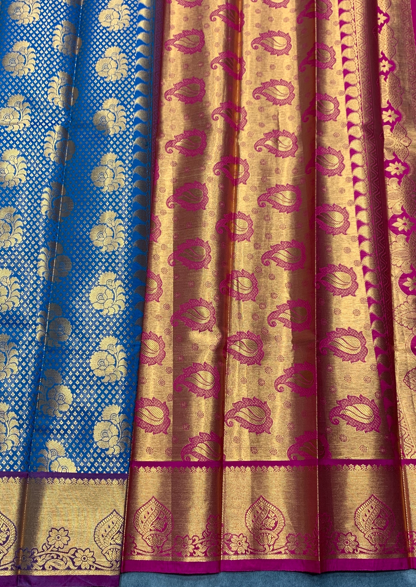 Vegan Silk Saree Sky Blue Colour with Magenta and Copper Border