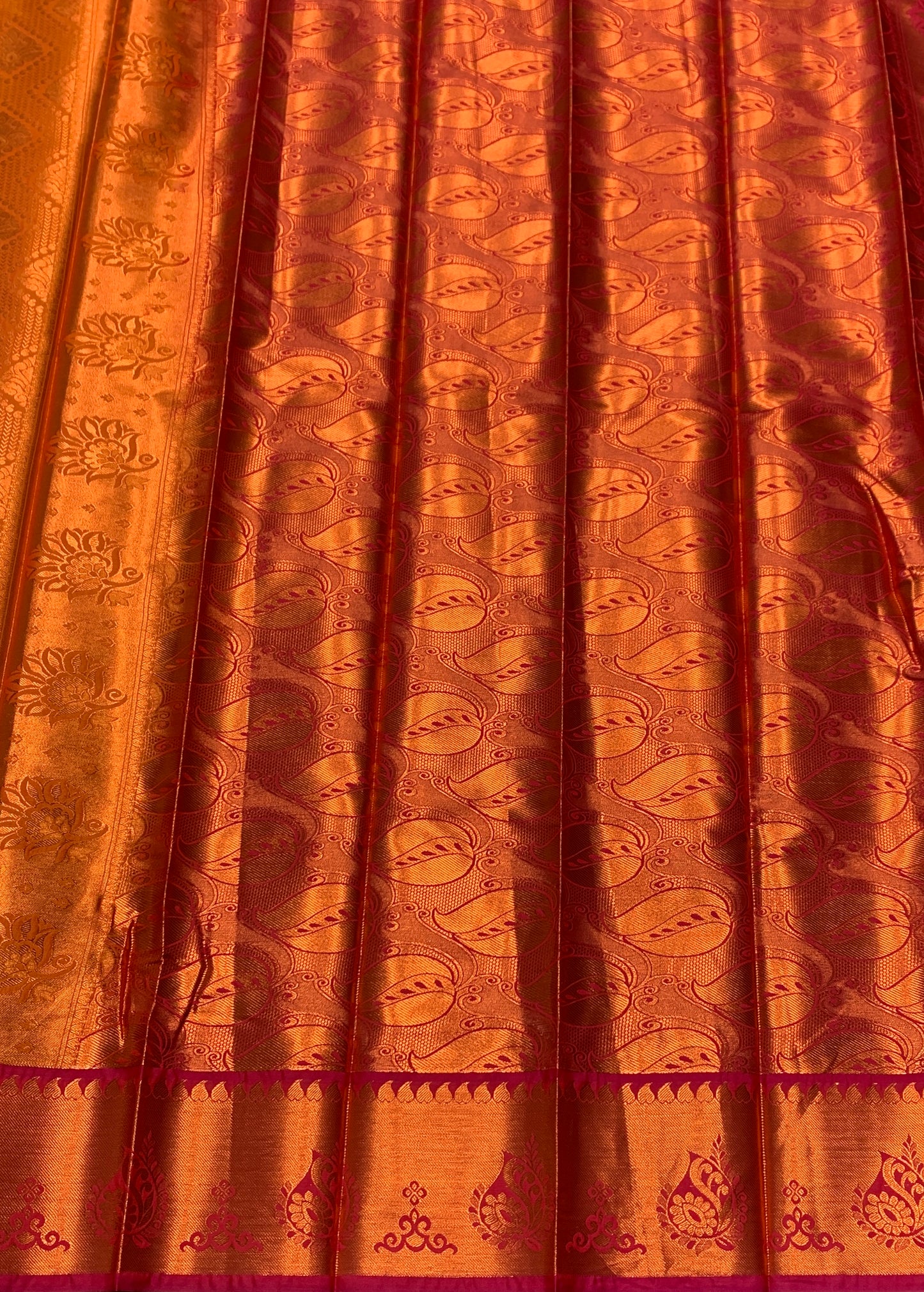 Vegan Silk Saree Golden Yellow Colour with Pink and Copper Border