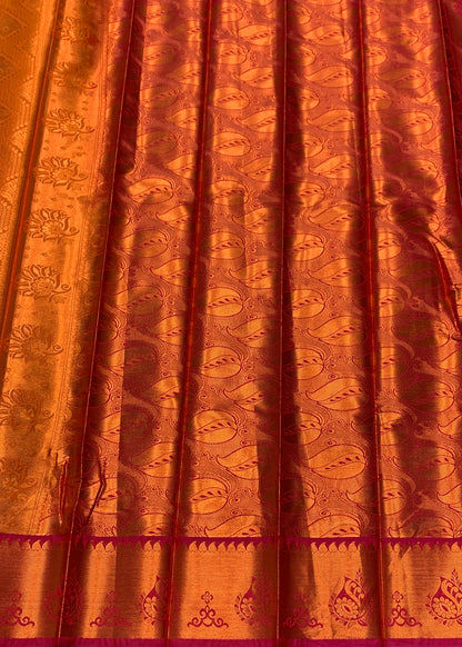 Vegan Silk Saree Golden Yellow Colour with Pink and Copper Border