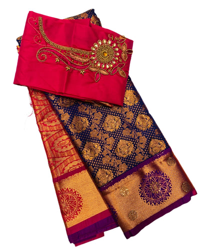 Bridal Vegan Silk Saree Violet shade with Pink Border with Unstitched blouse in Aari work