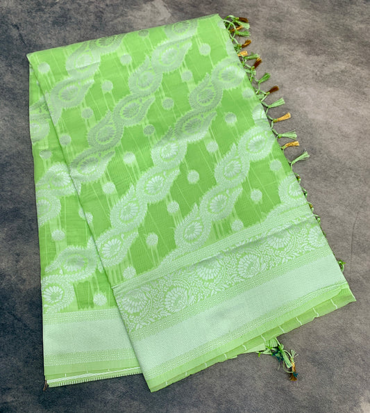 Banaras Katan Saree Apple Green Colour with Katan Work Border