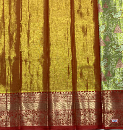 Apple Green Shade Vegan Silk Kids Pattu Pavadai with Contrast Border for Newborn to 2 Years