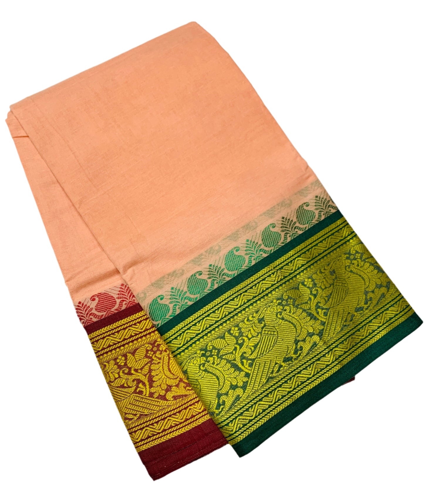 9X5 Cotton Dhoti Light Salmon Colour with Green and Maroon Border