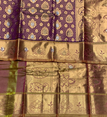 Vegan Silk Saree Maroon Colour with Copper and Golden Yellow Border