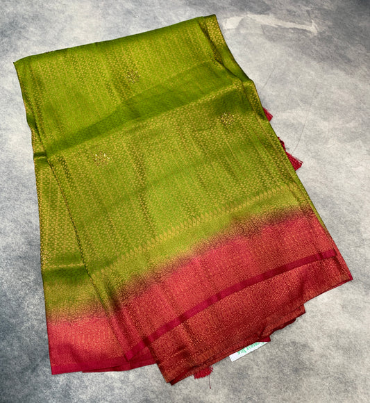 Soft Silk Saree Olive Green Colour and Stone Work with Pink Colour Pallu