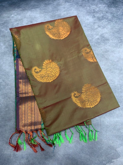 Soft Vegan Silk Saree Dual Colour with Purple and Copper Border