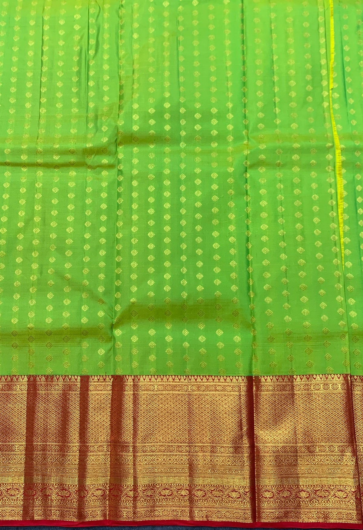 Parrot Green Shade Pure Kanchipuram Kids Pattu Pavadai with Contrast Border for Age Above 10 Years