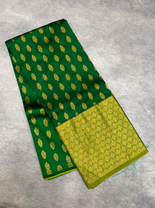 Green shade Pure Kanchipuram Kids Pattu Pavadai with contrast border for age 5 to 10