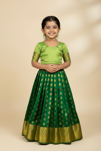 Green shade Pure Kanchipuram Kids Pattu Pavadai with contrast border for age 5 to 10