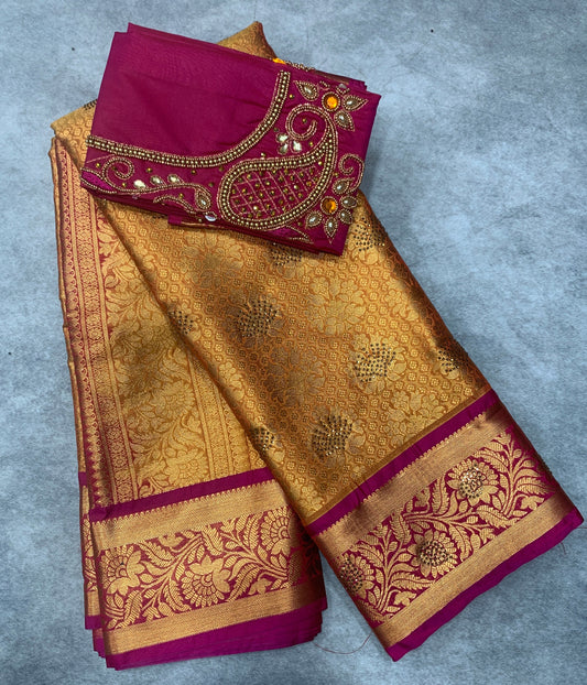 Bridal Vegan Silk Saree Golden Yellow shade with Pink Border with Unstitched blouse in Aari Work