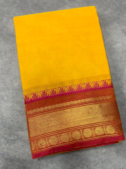 Chettinad Cotton Saree Yellow Colour with Light Brown Border