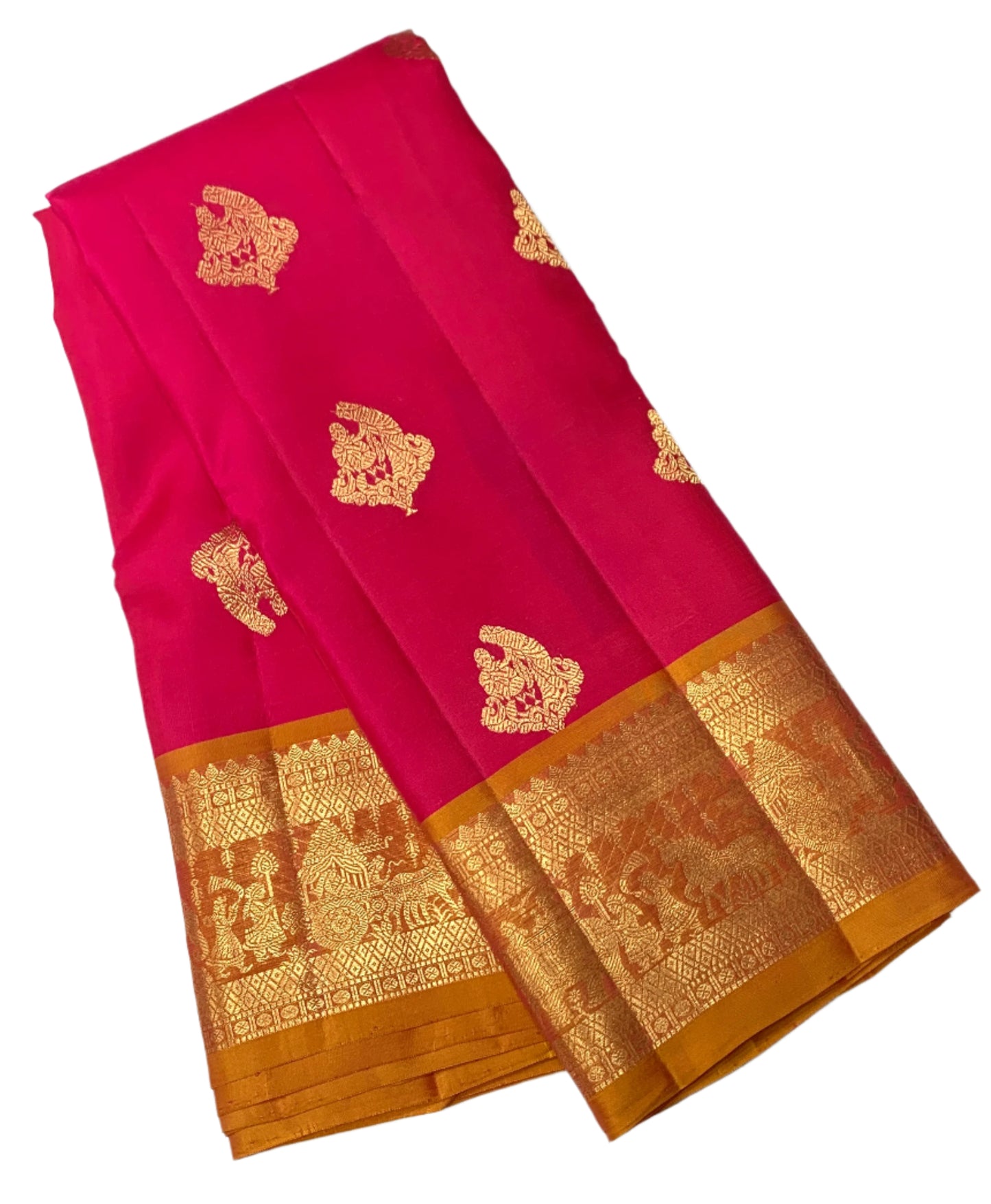 Pure Kanchipuram Silk Pink Colour with Golden Yellow Border