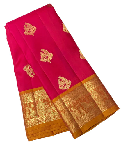 Pure Kanchipuram Silk Pink Colour with Golden Yellow Border