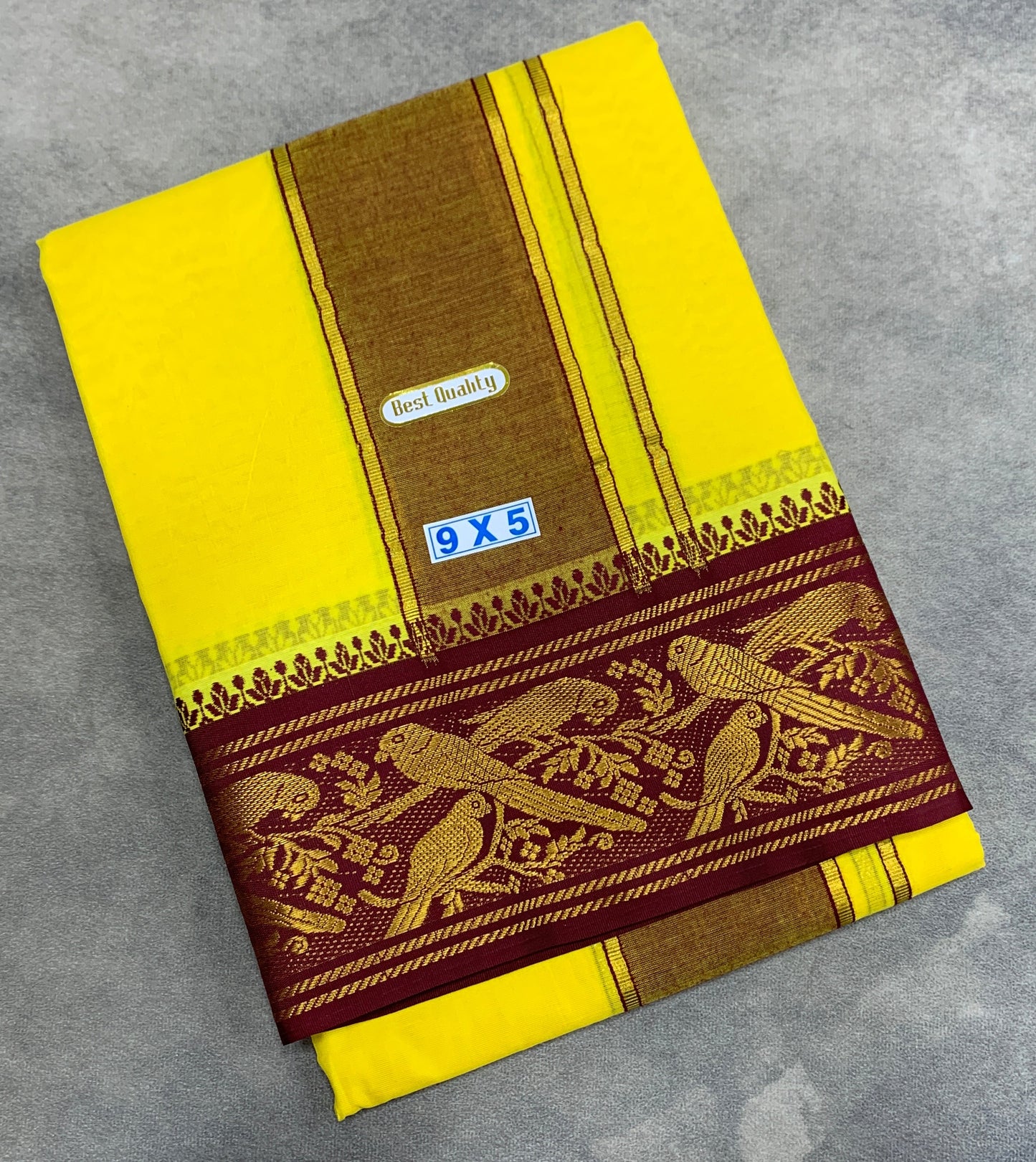9X5 Cotton Dhoti Yellow Maroon and Green Zari Border with Angavastram