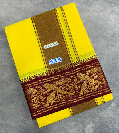 9X5 Cotton Dhoti Yellow Maroon and Green Zari Border with Angavastram