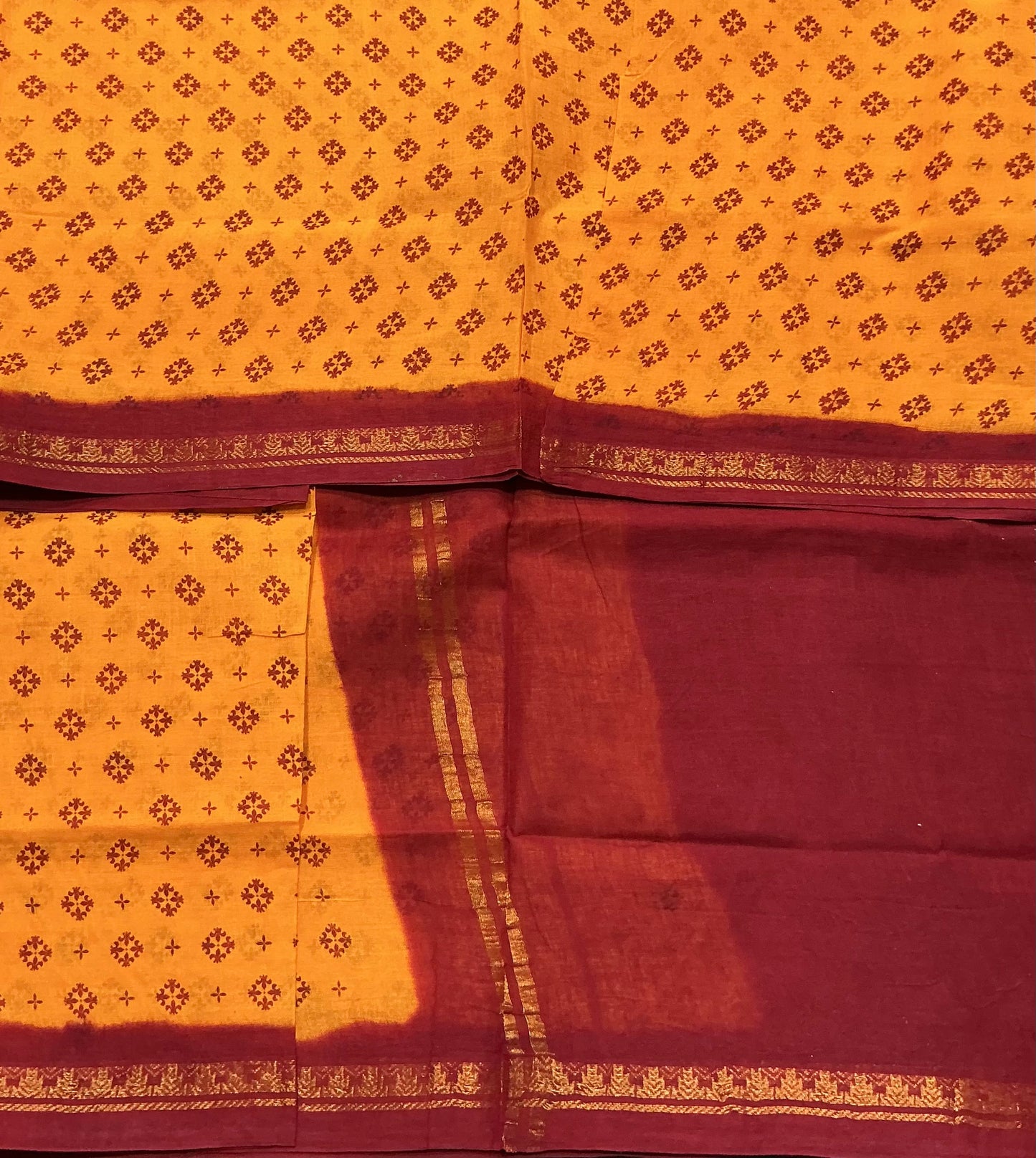 Chettinad Sungudi Cotton Yellow Colour with Maroon Colour Border