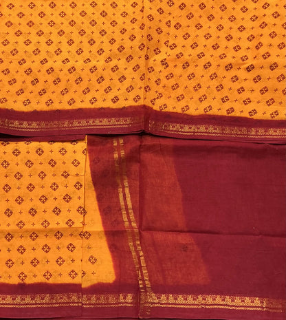 Chettinad Sungudi Cotton Yellow Colour with Maroon Colour Border