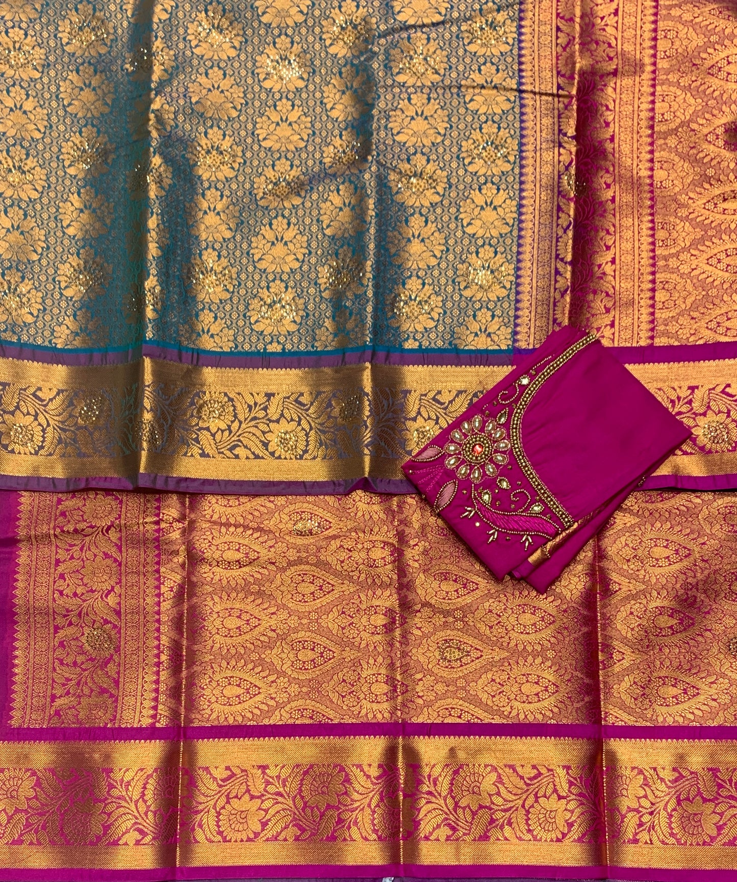Bridal Vegan Silk Saree Peacock Green shade with Purple Border with Unstitched blouse in Aari Work