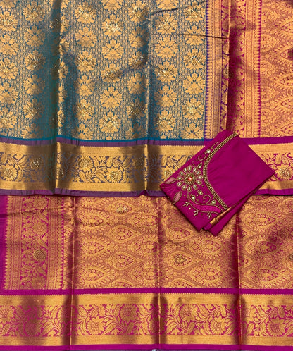 Bridal Vegan Silk Saree Peacock Green shade with Purple Border with Unstitched blouse in Aari Work