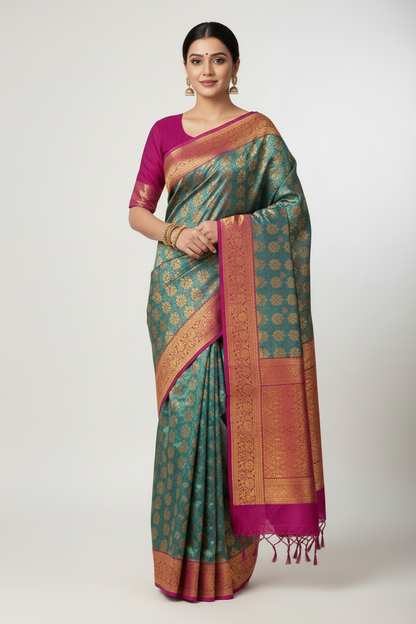Bridal Vegan Silk Saree Peacock Green shade with Purple Border with Unstitched blouse in Aari Work