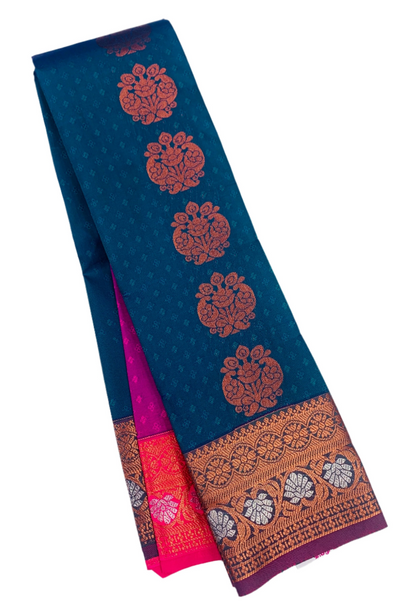 Vegan Silk Saree Blue shade with Copper Border