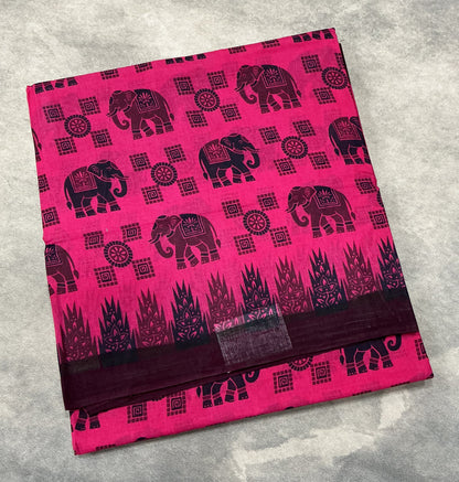 Chettinad Sungudi Cotton Pink Colour with Dark Brown Colour Border