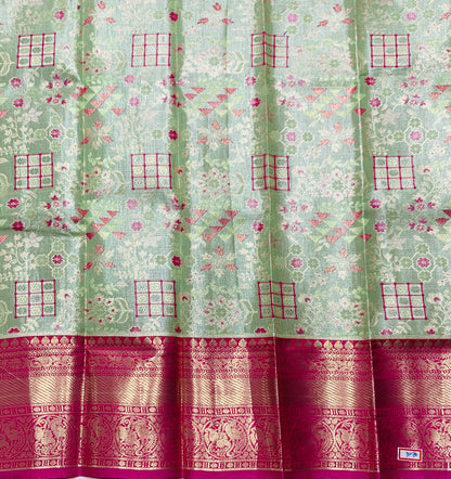 Light Pista Green Shade Vegan Silk Kids Pattu Pavadai with Contrast Border for Newborn to 2 Years