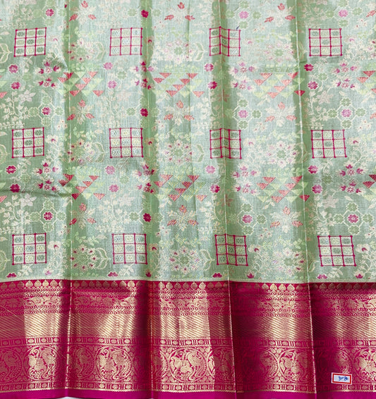 Light Pista Green Shade Vegan Silk Kids Pattu Pavadai with Contrast Border for Newborn to 2 Years
