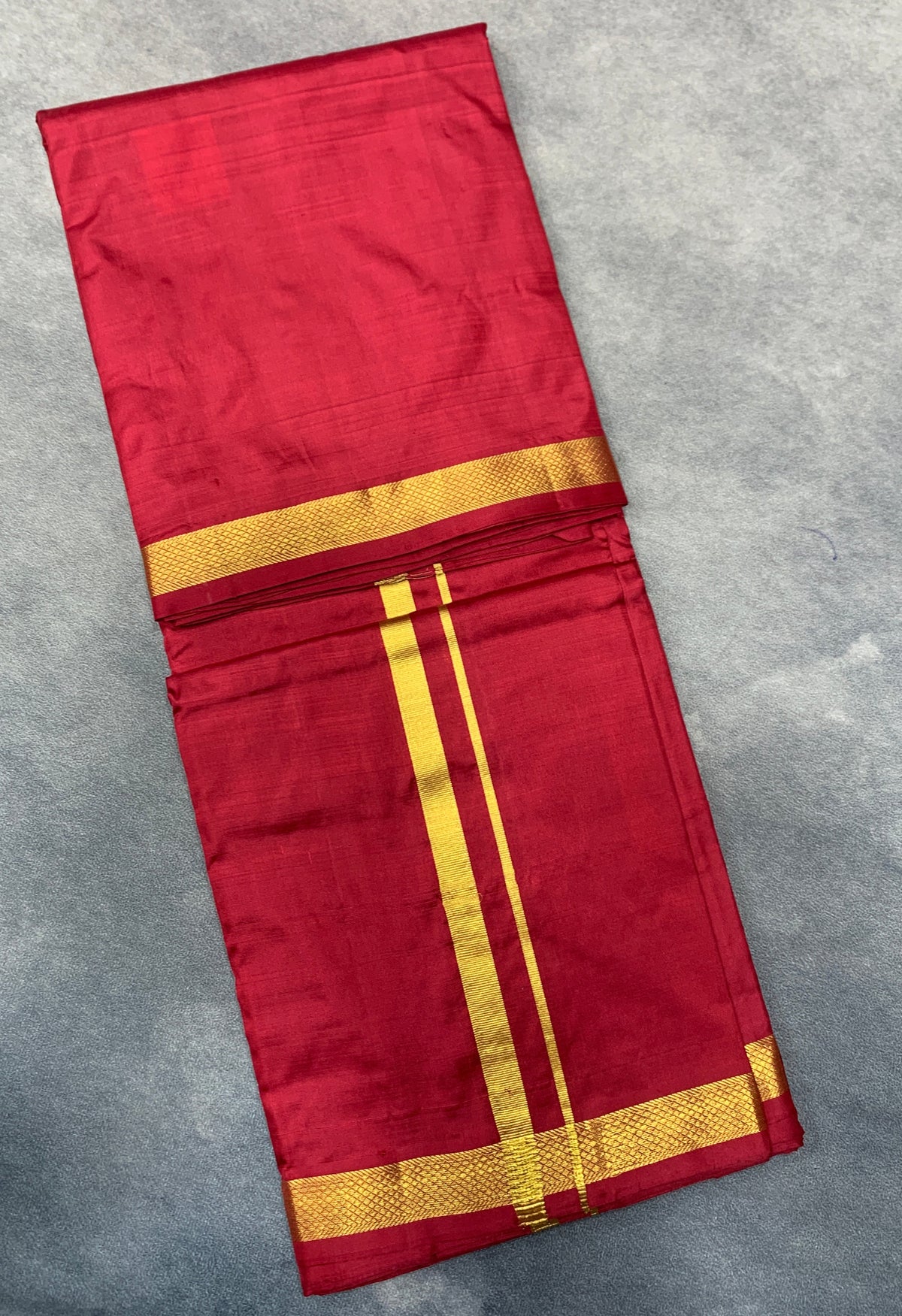 9X5 Pure Silk Dhoti Maroon Colour with Small Golden Zari Border