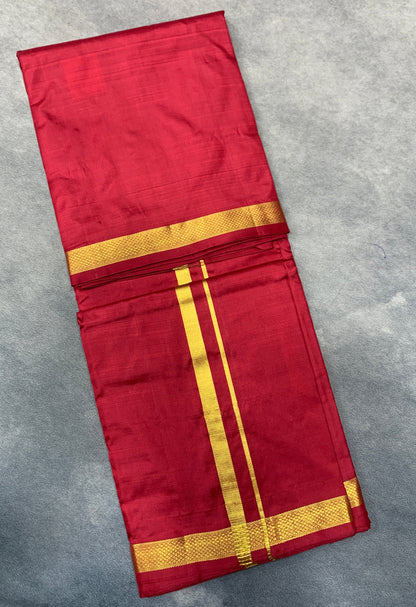 9X5 Pure Silk Dhoti Maroon Colour with Small Golden Zari Border
