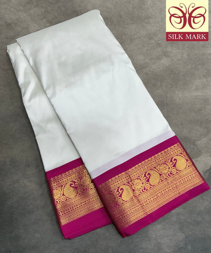 Pure Kanchipuram Silk Saree White Colour with Pink Colour Border