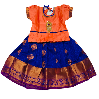 Ready To Wear Blue Pavadai with contrast Orange Blouse