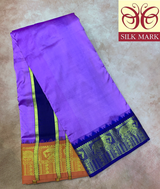 9X5 Pure Silk Dhoti Purple Colour with Blue and Orange Ganga Jamuna Border