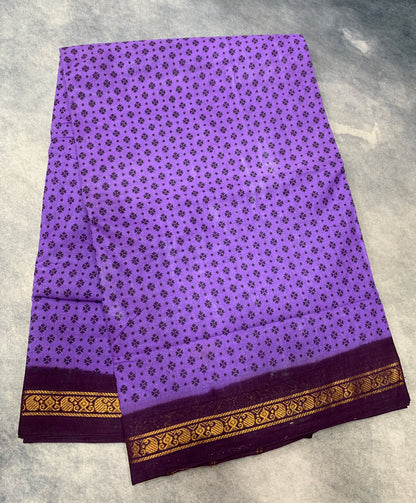 9 yards Cotton Saree Lavender Colour with Dark Magenta Border