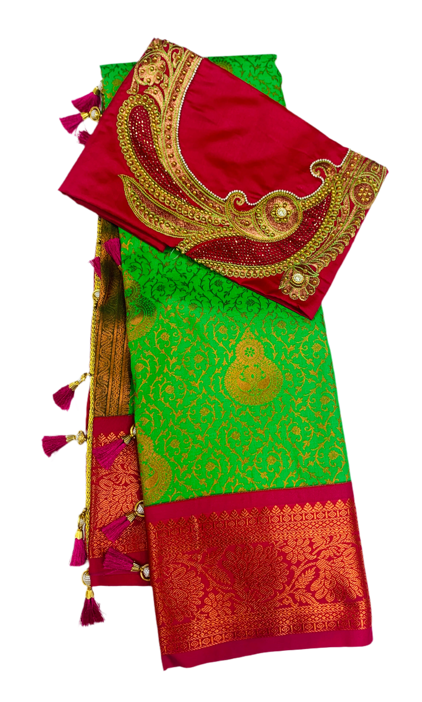 Bridal Vegan Silk Saree Apple Green shade with Pink Border with Unstitched blouse in Aari work