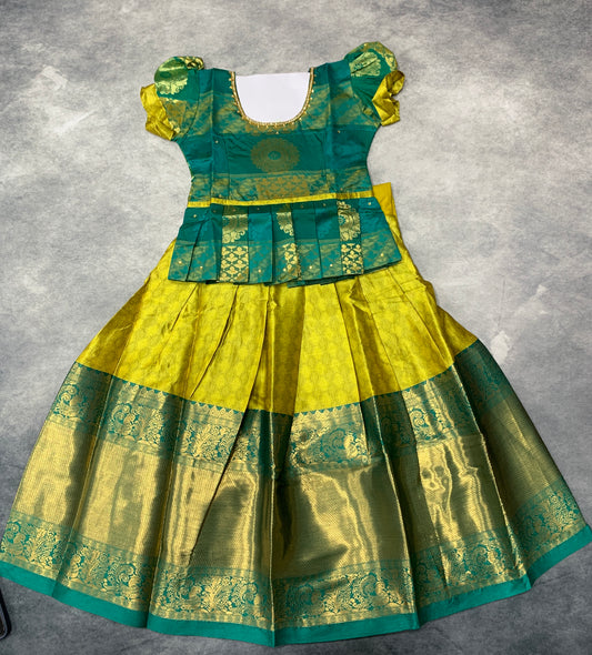 Ready To Wear Lime Green Pavadai with Contrast Green Blouse