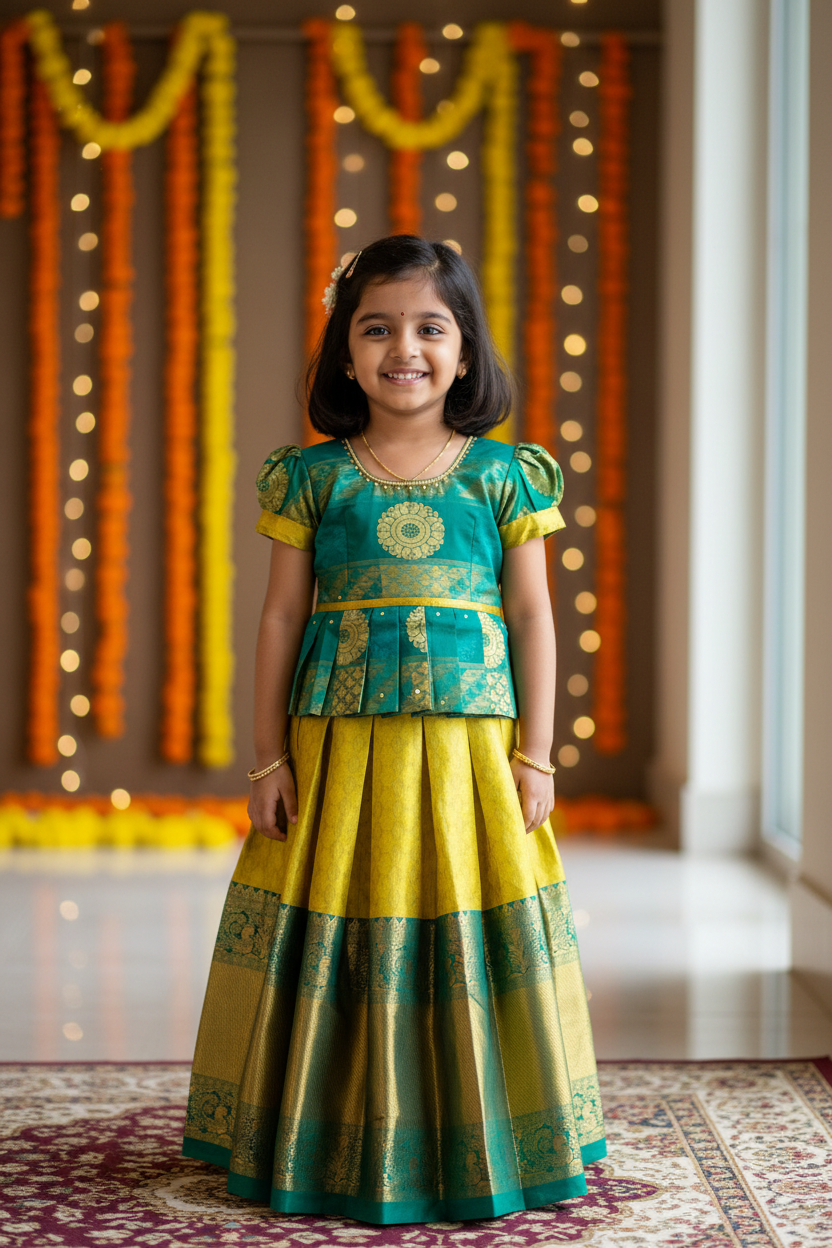 Ready To Wear Lime Green Pavadai with Contrast Green Blouse
