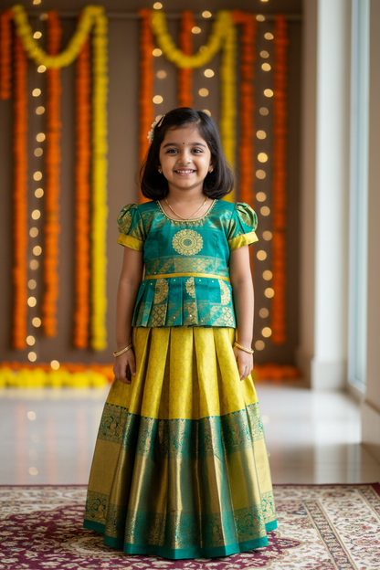 Ready To Wear Lime Green Pavadai with Contrast Green Blouse