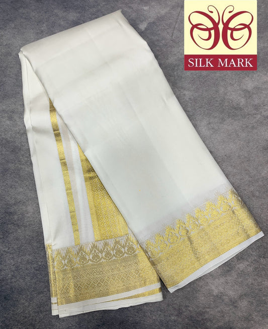 9X5 Pure Silk Dhoti White Colour with Golden Colour Fancy Jaquard Border