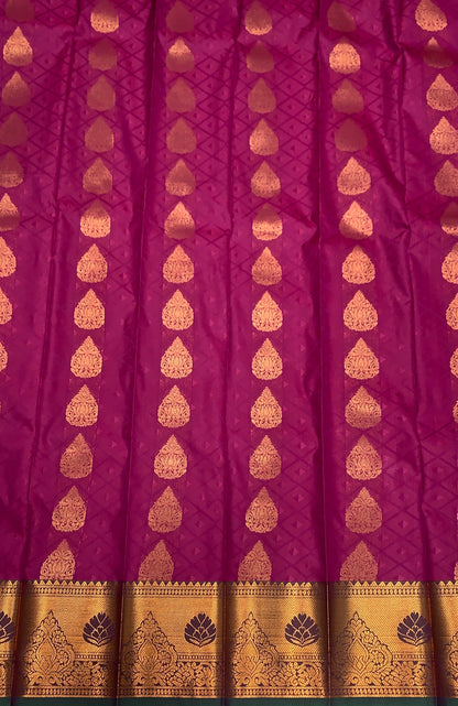 Vegan Silk Saree Pink Colour with Copper and Green Border