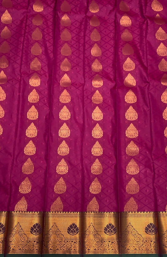 Vegan Silk Saree Pink Colour with Copper and Green Border