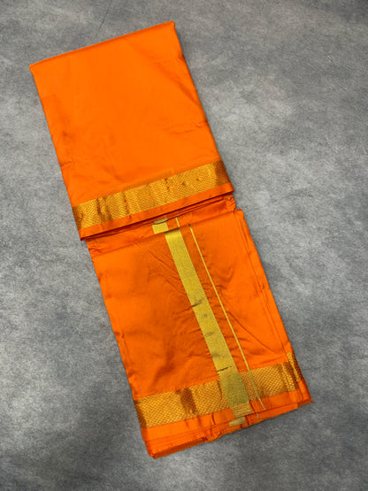9X5 Pure Silk Dhoti Orange with Golden Zari Border