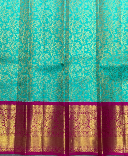 Sapphire Shade Pure Kanchipuram Kids Pattu Pavadai with Contrast Border for Newborn to 2 Years