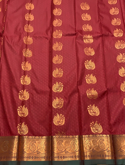 Vegan Silk Saree Maroon Colour with Copper and Green Floral Design Border