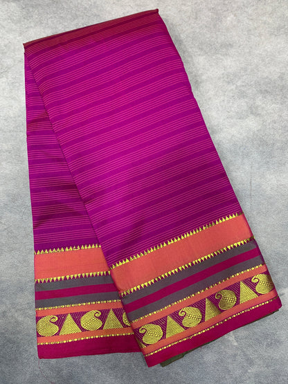 Arani Silk Saree Pink Colour with Olive Green Border with Mango and Gopeuram Design