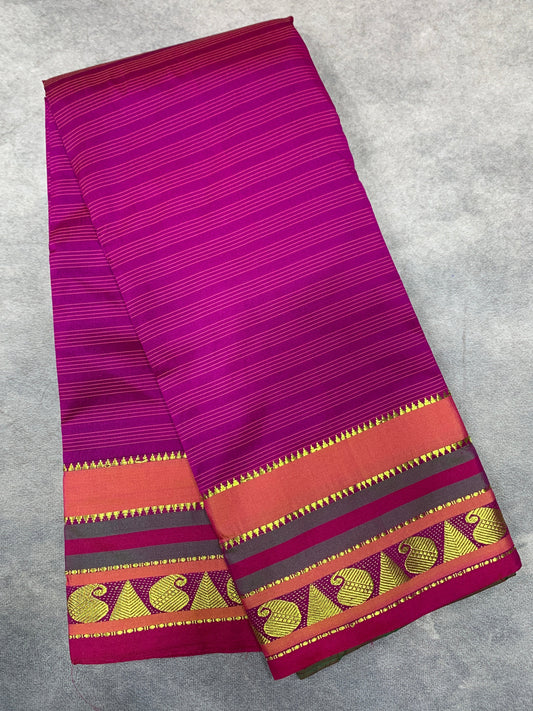 Arani Silk Saree Pink Colour with Olive Green Border with Mango and Gopeuram Design